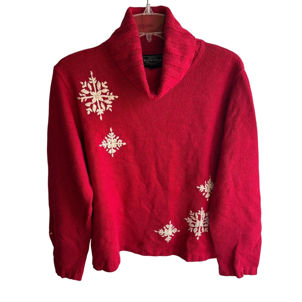 Vintage Womens Y2K Red Ramie Wool Blend Chunky Knit Turtleneck Snowflake Sweater
